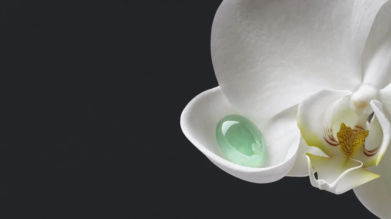 Jade cabochon cradled in white orchid — born from the earth